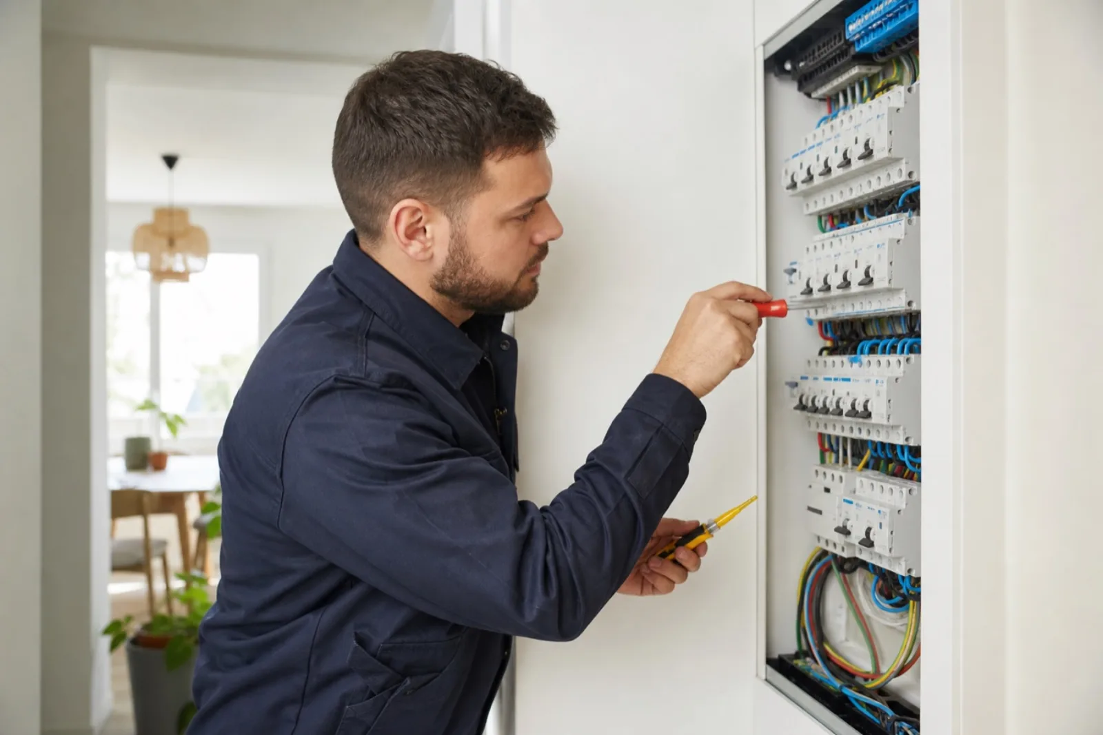 Électricien AG Électricité en intervention sur un tableau électrique à Cormontreuil